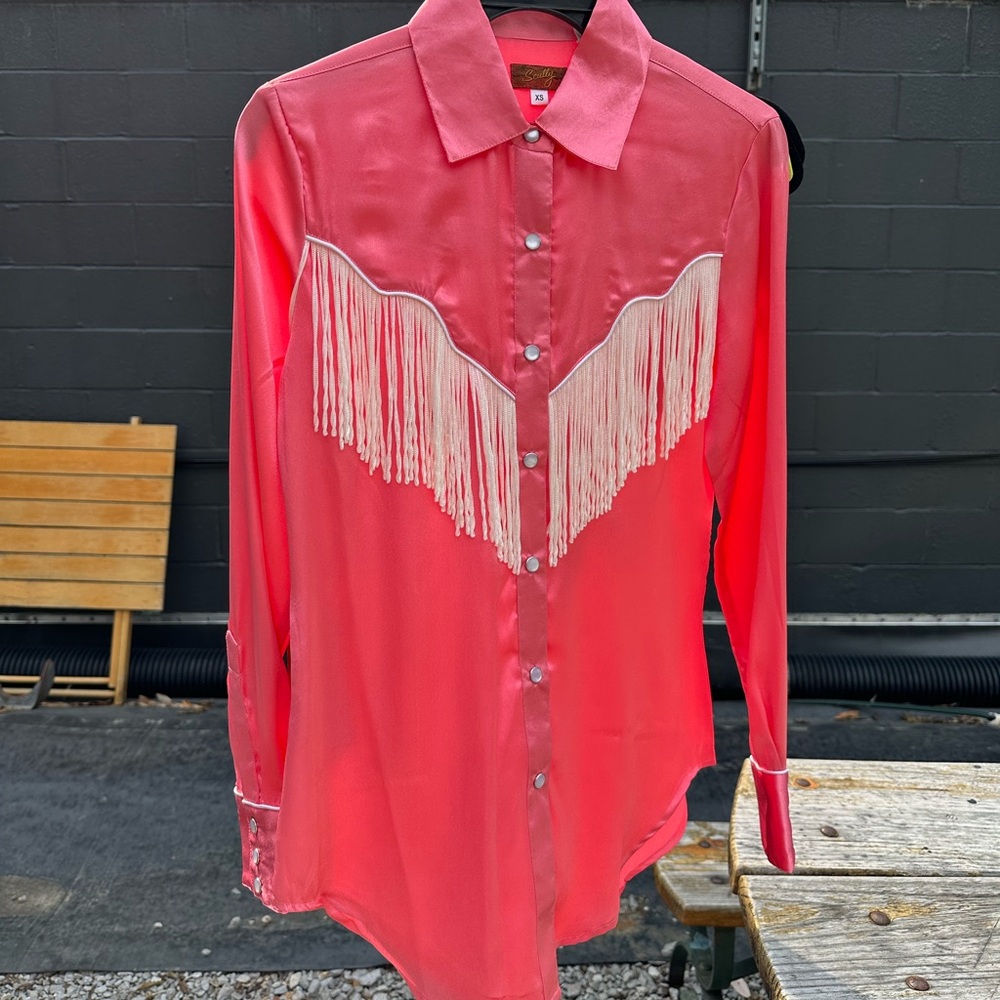 NWT Scully Coral Pink Satin Fringe Western Shirt XS-S